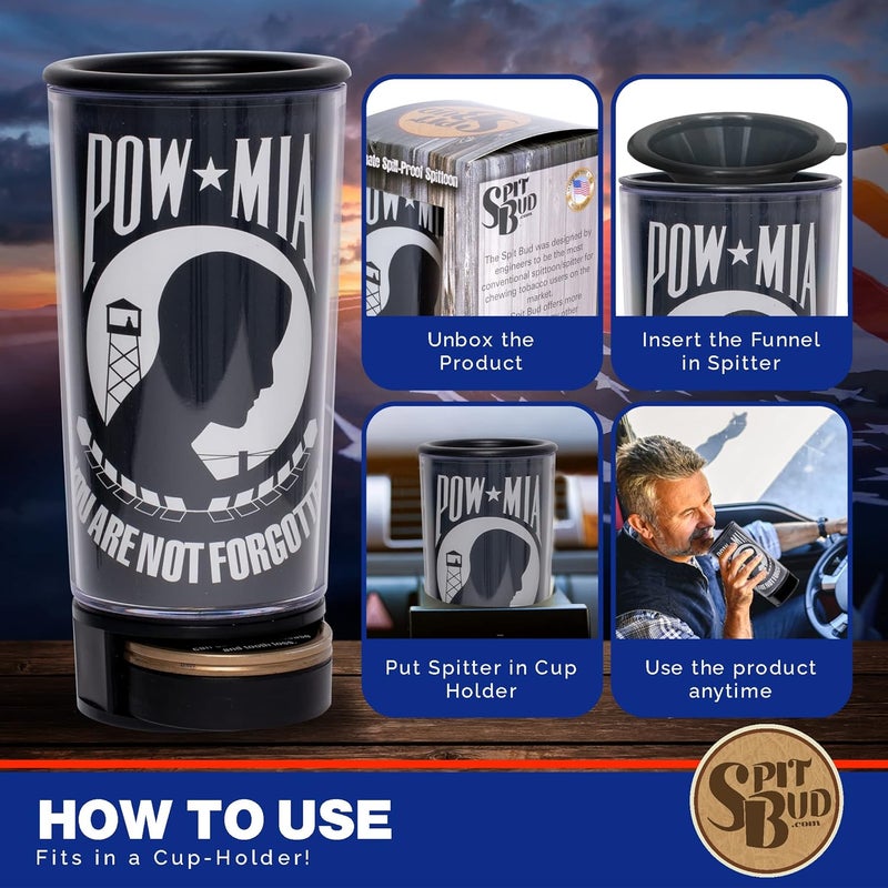 Spit Bud POW MIA The Ultimate Spittoon for Chew - Portable Dip & Snuff Cup with Lid, Pop Tab, Spill-Proof Funnel, Can Cutter & Holder - Fit in Cup Holders - Holds 8oz - Made in USA - Image 4
